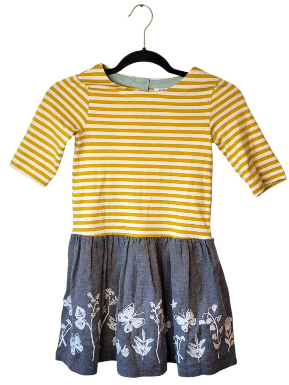 Mini Boden Yellow Striped & Gray Floral Hem Kids Dress Size 7-8Y